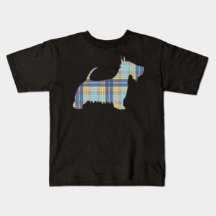 Blue, Grey and Yellow Tartan Scottish Terrier Dog Silhouette Kids T-Shirt